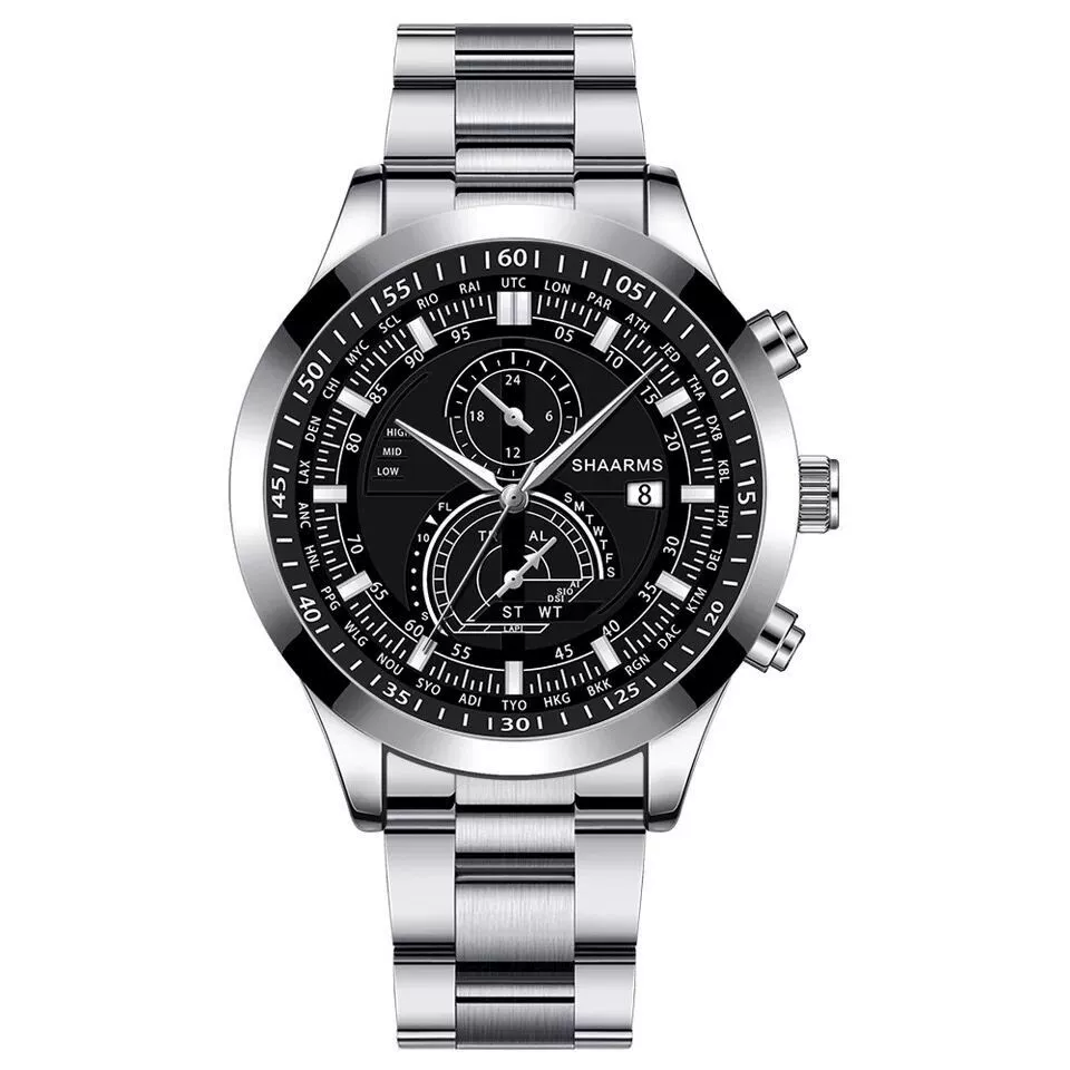Wholesale Alloy Band Men's Round Dial Quartz Watch With Fake Two Eyes Calendar And Horseshoe Buckle Leisure Style - Image 8