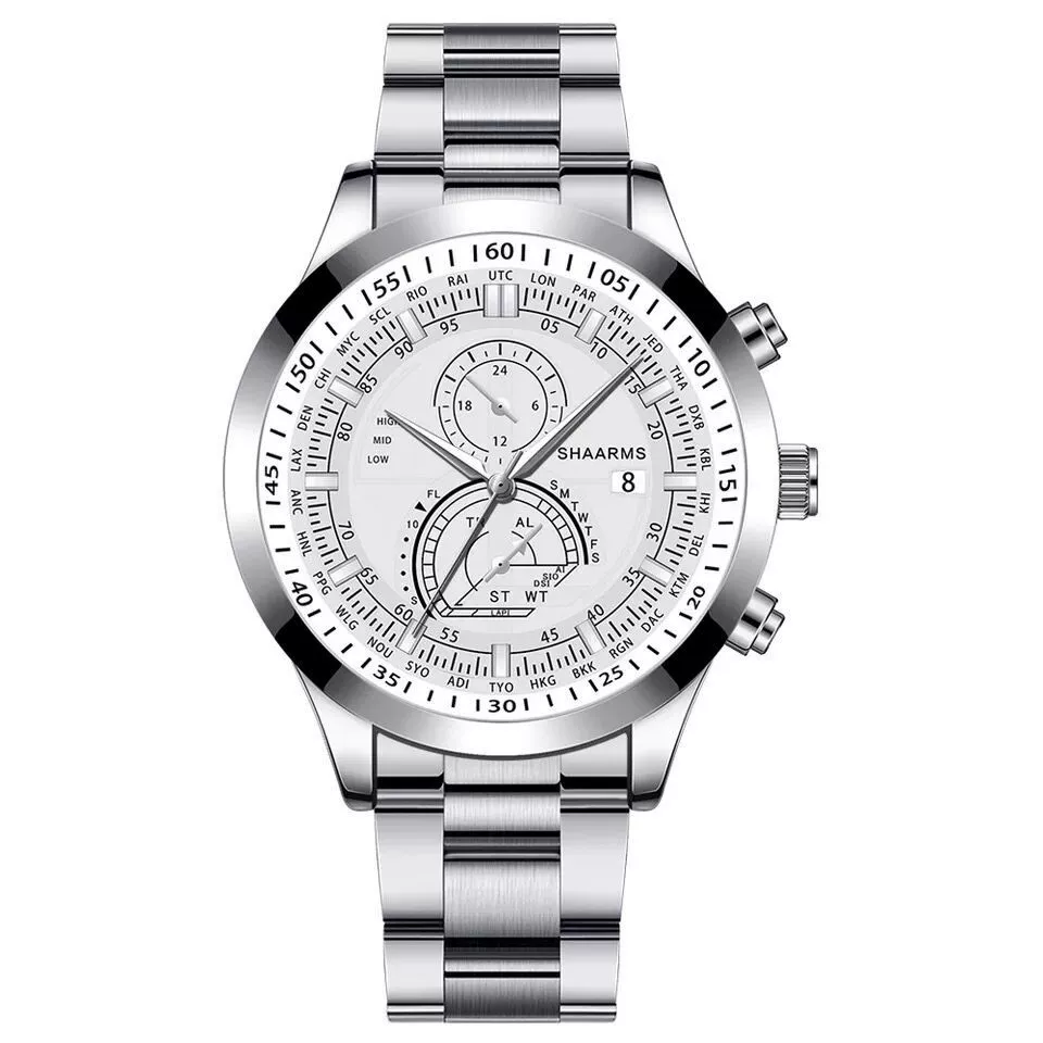 Wholesale Alloy Band Men's Round Dial Quartz Watch With Fake Two Eyes Calendar And Horseshoe Buckle Leisure Style - Image 9