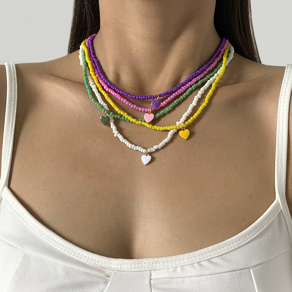 Wholesale Alloy Bead Chain Necklace With Dripping Oil Heartshaped Pendant Retro Fresh Geometric Style For Women