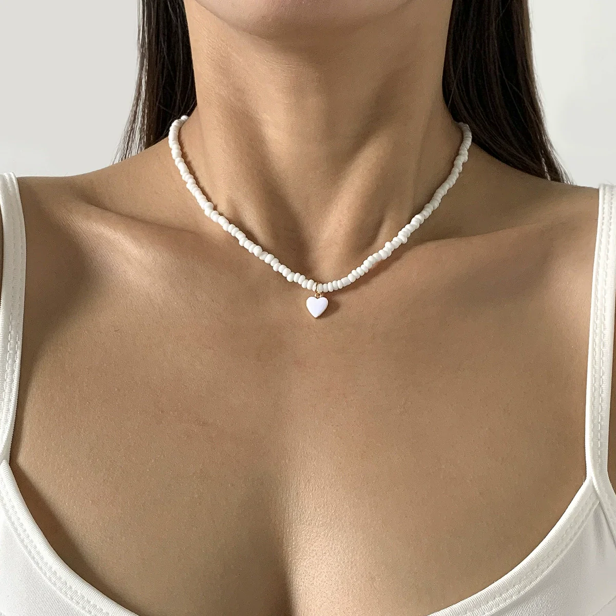 Wholesale Alloy Bead Chain Necklace With Dripping Oil Heartshaped Pendant Retro Fresh Geometric Style For Women - Image 6