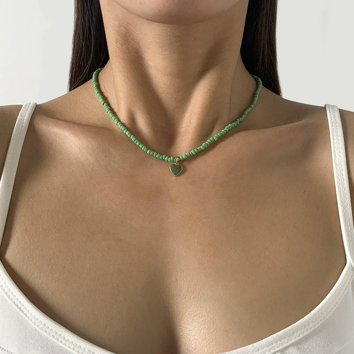 Wholesale Alloy Bead Chain Necklace With Dripping Oil Heartshaped Pendant Retro Fresh Geometric Style For Women - Image 7