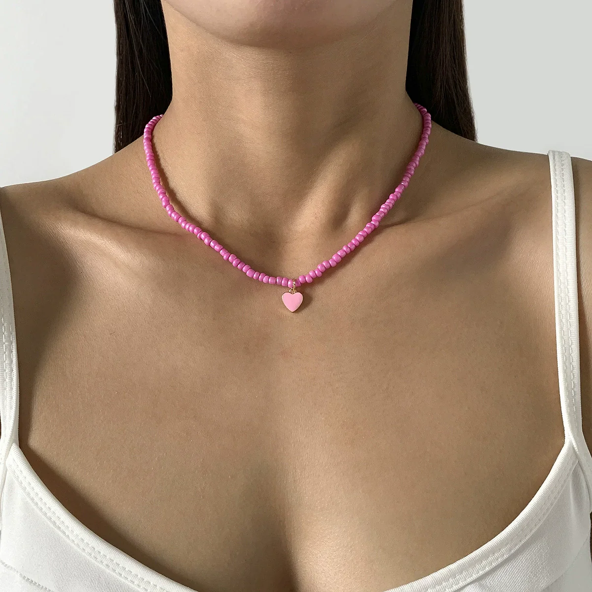 Wholesale Alloy Bead Chain Necklace With Dripping Oil Heartshaped Pendant Retro Fresh Geometric Style For Women - Image 8