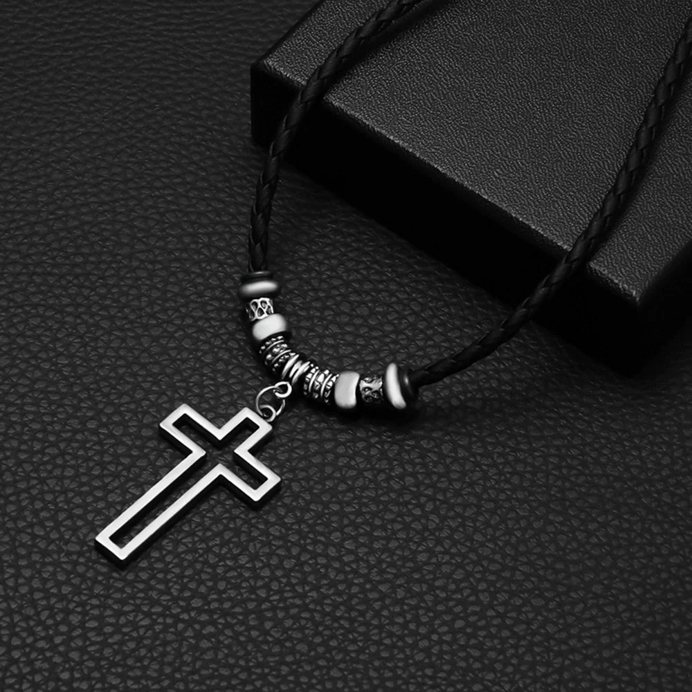 Wholesale Alloy Beaded Necklace Retro Geometric Style With Cross Wax Rope And Electroplating Treatment