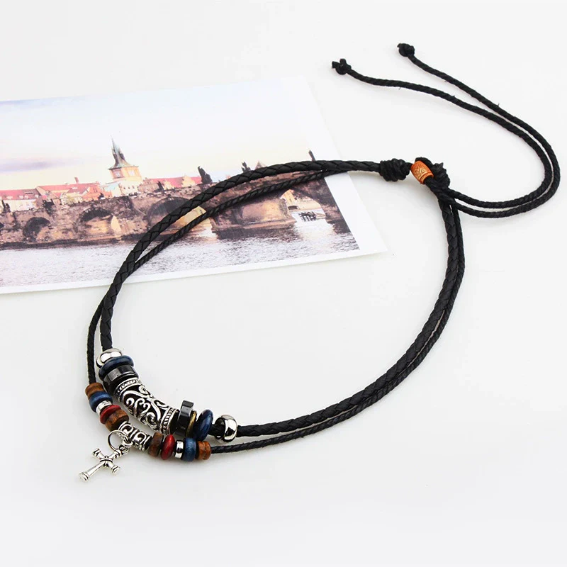 Wholesale Alloy Cross Pendant Necklace With Woven Leather Rope Retro Wooden Beads Geometric Style Baking Paint Finish - Image 2