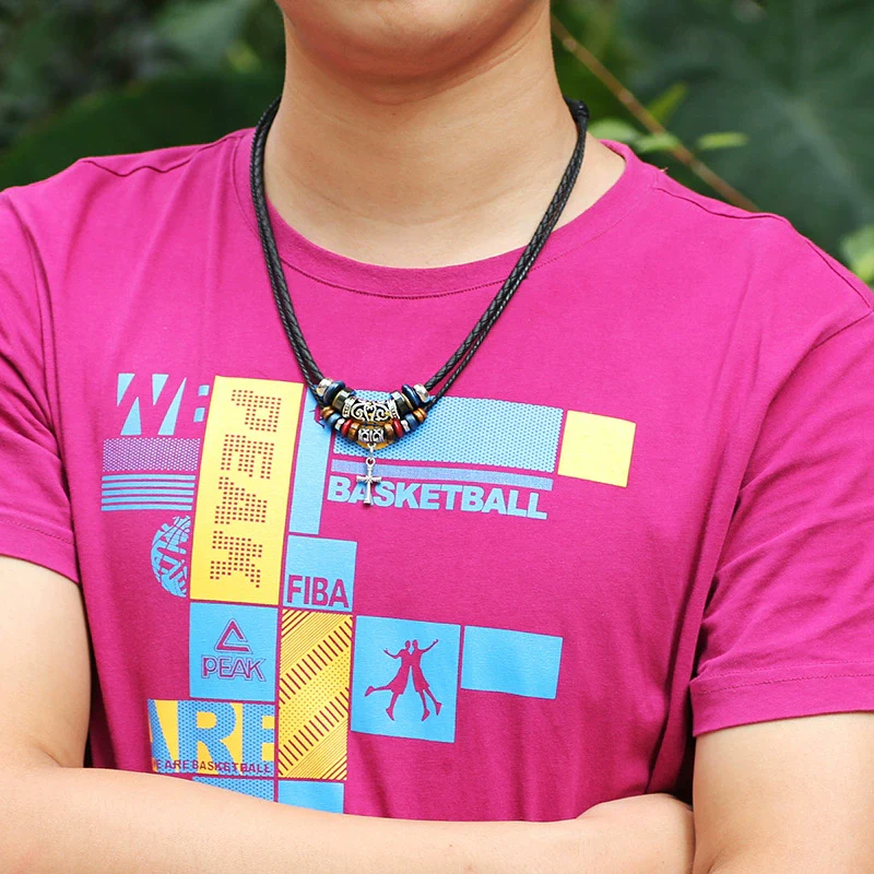 Wholesale Alloy Cross Pendant Necklace With Woven Leather Rope Retro Wooden Beads Geometric Style Baking Paint Finish - Image 3