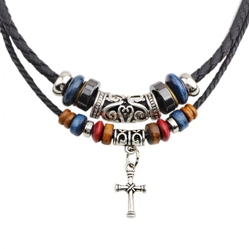 Wholesale Alloy Cross Pendant Necklace With Woven Leather Rope Retro Wooden Beads Geometric Style Baking Paint Finish - Image 5