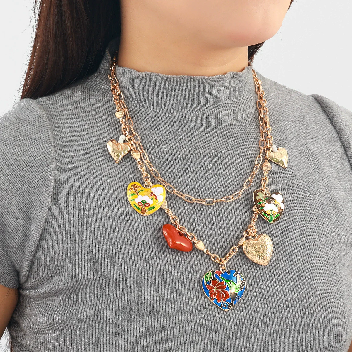 Wholesale Alloy Fashion Pendant Necklace With Heart And Flower Patterns Electroplated