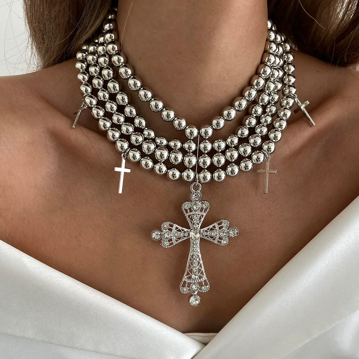 Wholesale Alloy Geometric Cross Multilayer Light Luxury Style Diamondencrusted Electroplated Women's Necklace - Image 2
