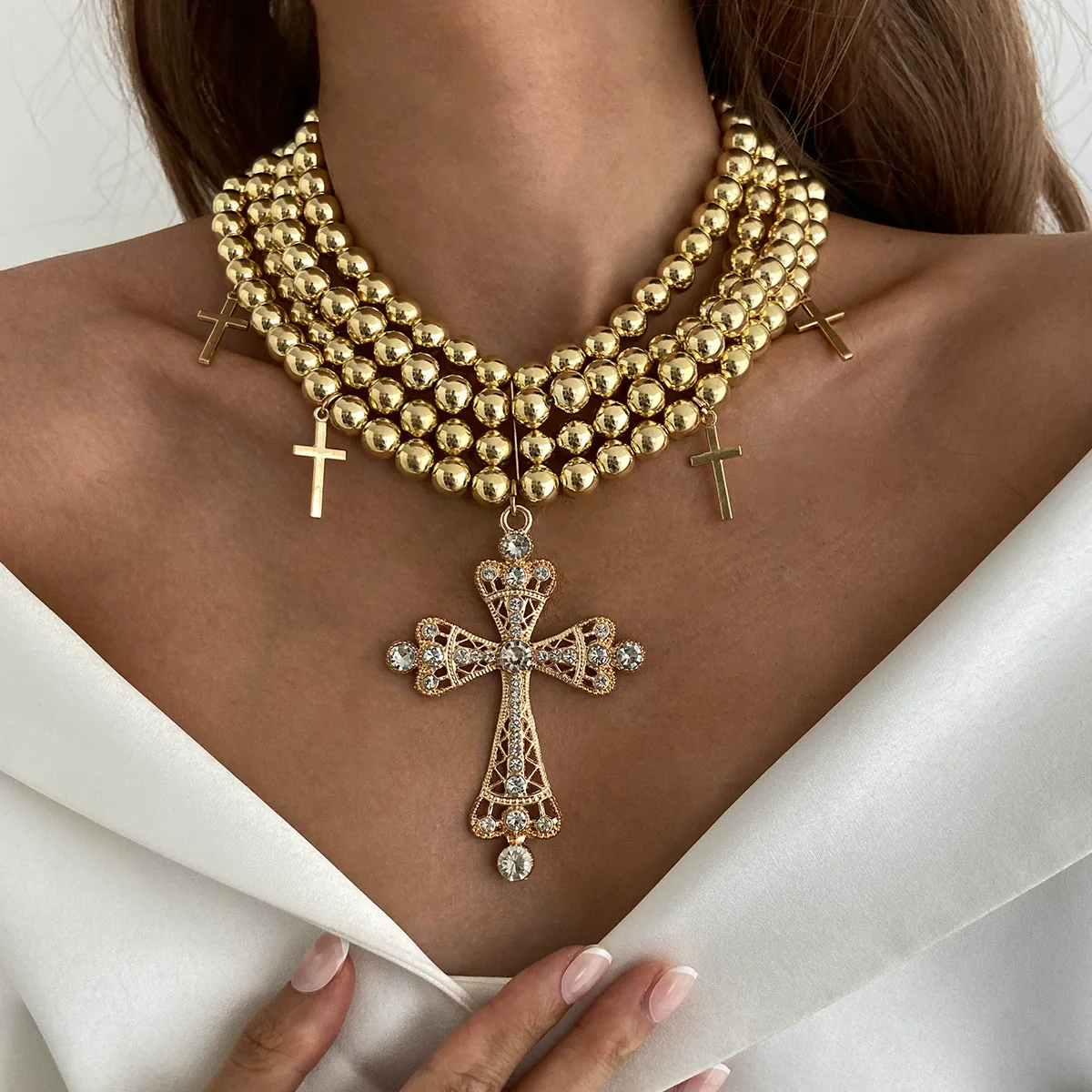 Wholesale Alloy Geometric Cross Multilayer Light Luxury Style Diamondencrusted Electroplated Women's Necklace - Image 3