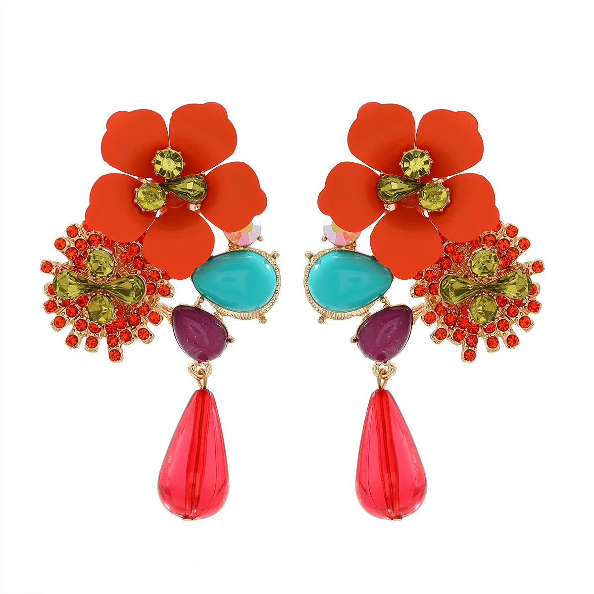 Wholesale Alloy Geometric Diamond Vintage Resin Flower Beaded Earrings For Women - Image 5