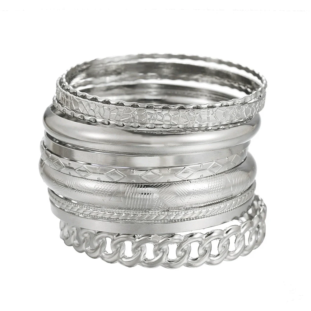 Wholesale Alloy Geometric Electroplated Multilayer Stacked Unisex And Women's Bracelet 6Piece Set - Image 43