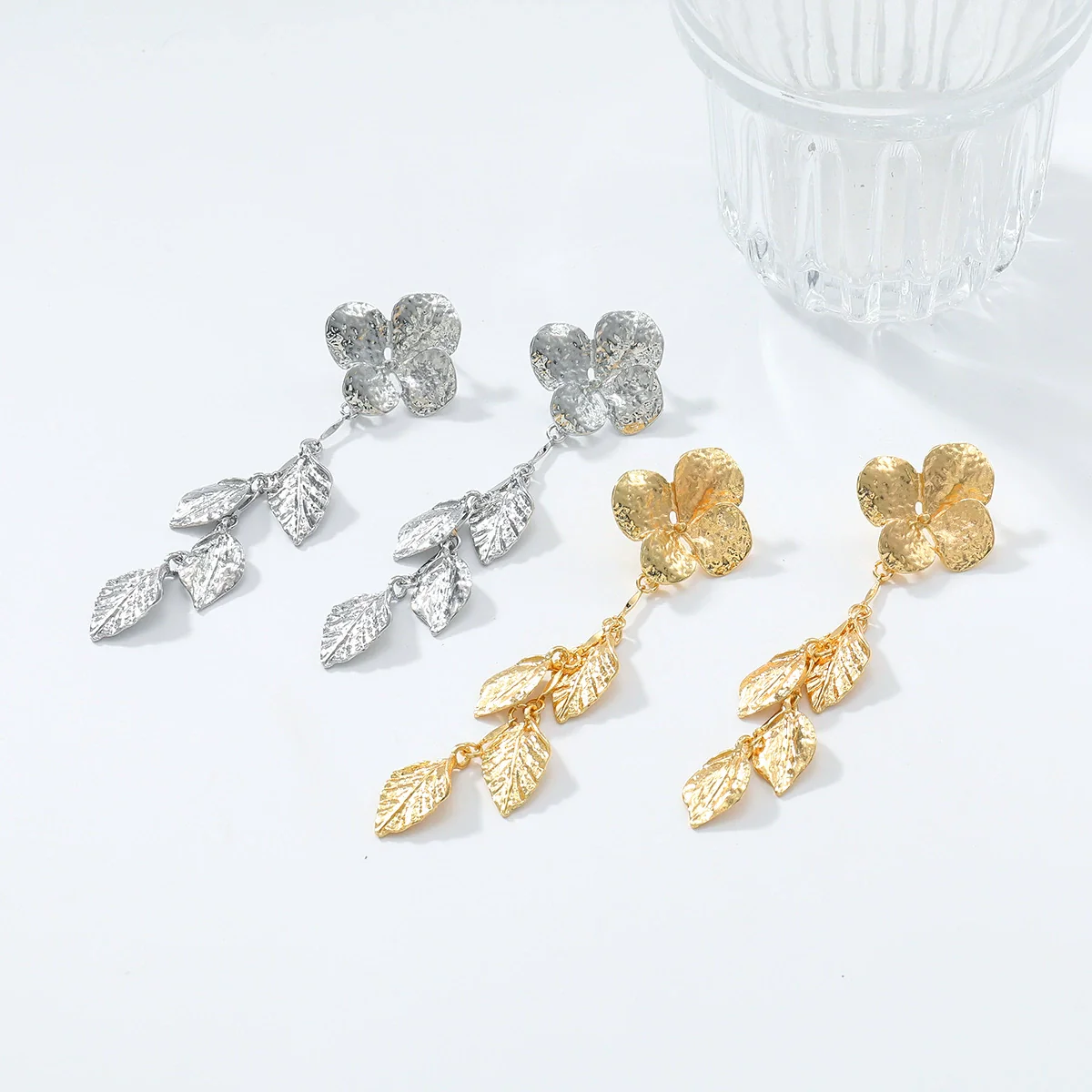 Wholesale Alloy Geometric Leaf Petals Pleated Tassel Earrings For Women Light Luxury Style Electroplated - Image 3