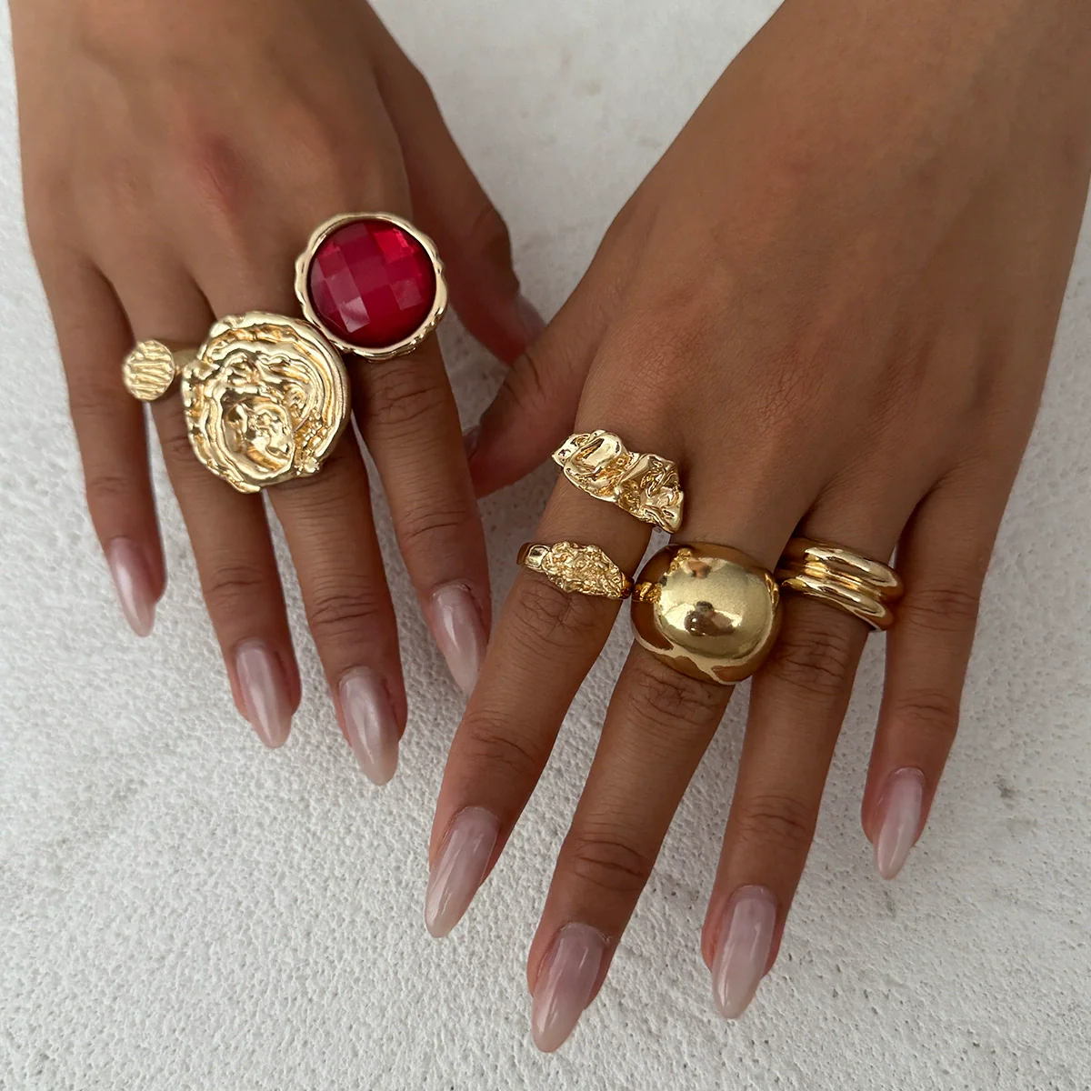 Wholesale Alloy Geometric Pleated Imitation Gemstone Rhinestone Ring Set For Women With Electroplating Design