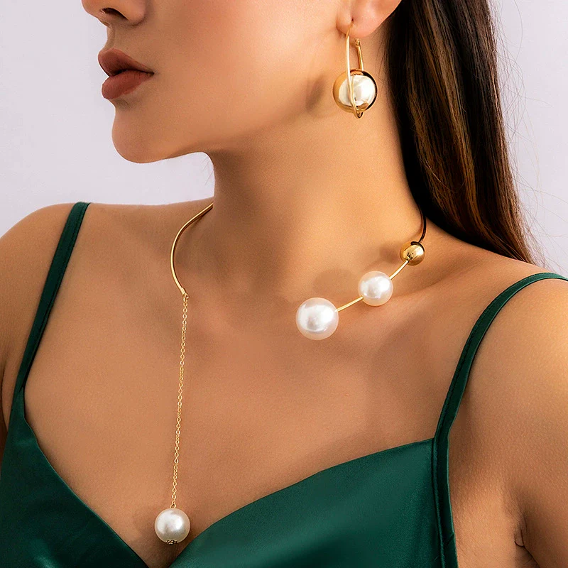 Wholesale Alloy Geometric Round Bead Clavicle Chain Imitation Pearl Necklace For Women