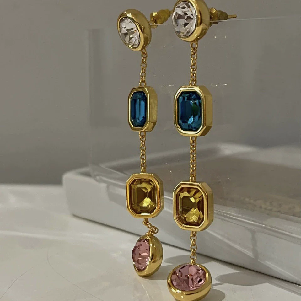 Wholesale Alloy Geometric Square Gem Tassel Earrings For Women With Electroplating Treatment Light Luxury And High Grade Style - Image 2
