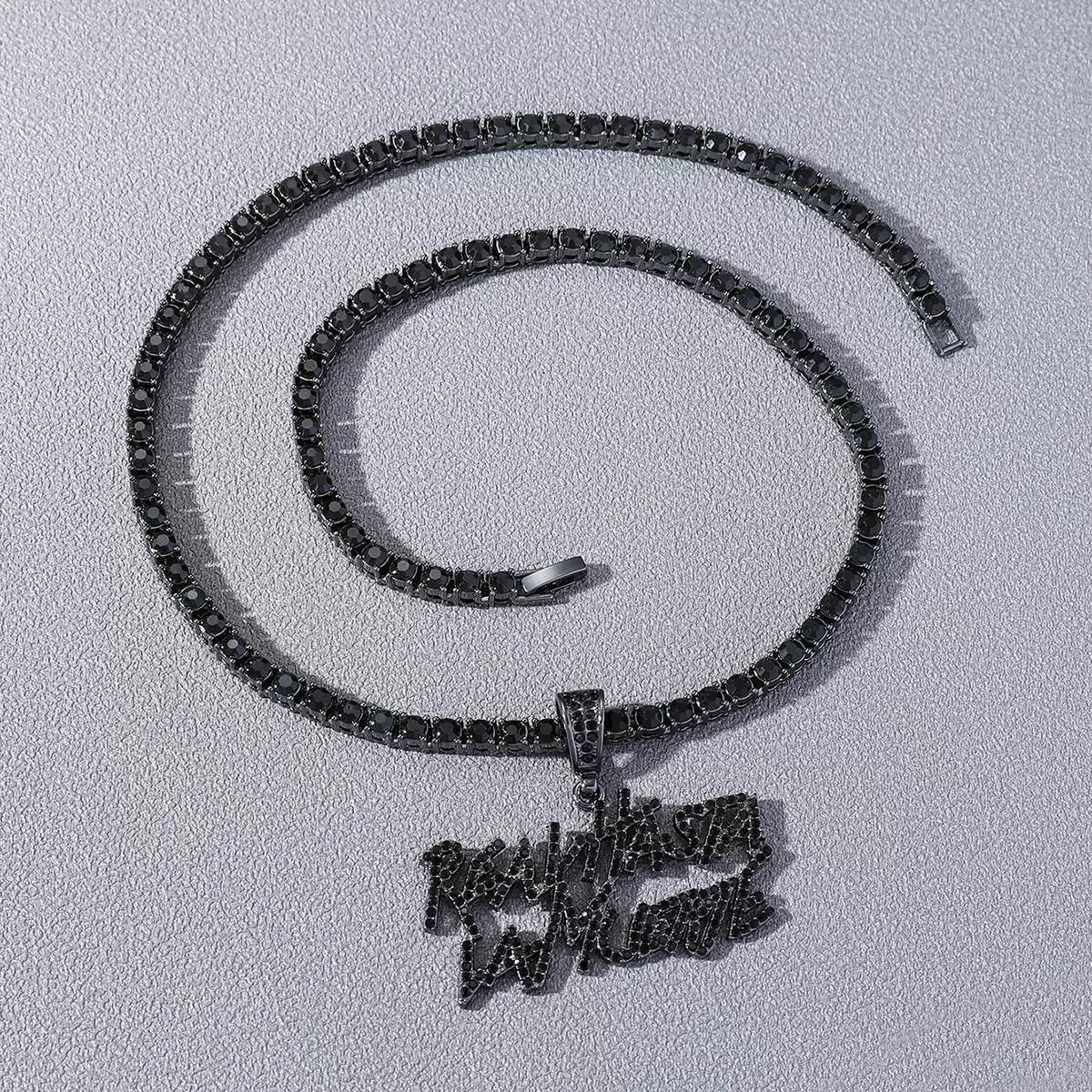 Wholesale Alloy Hiphop Style Geometric Letter Double Row Diamond Pendant Necklace For Men - Image 2