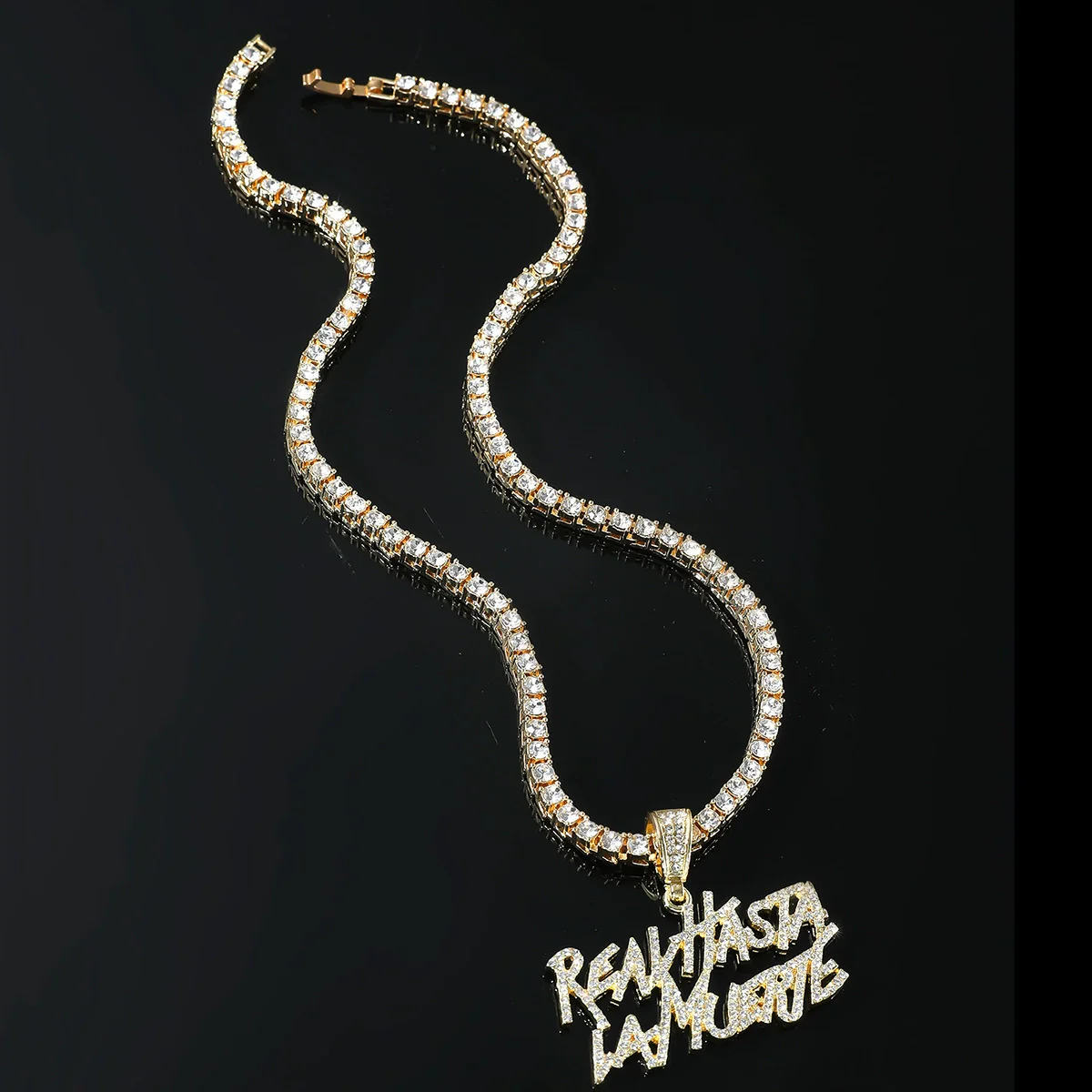 Wholesale Alloy Hiphop Style Geometric Letter Double Row Diamond Pendant Necklace For Men - Image 3