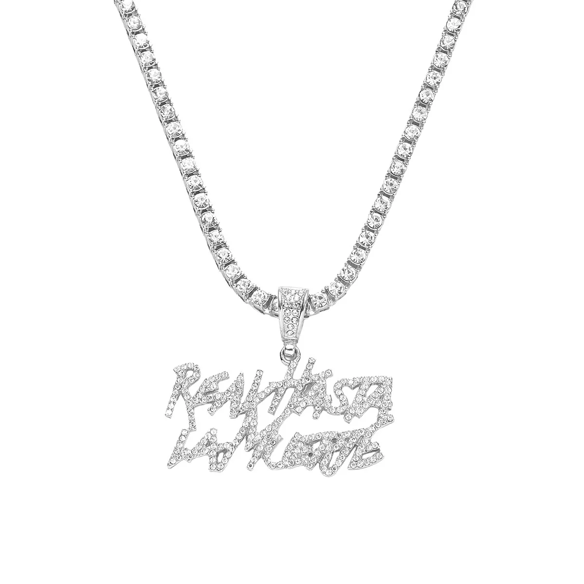 Wholesale Alloy Hiphop Style Geometric Letter Double Row Diamond Pendant Necklace For Men - Image 7