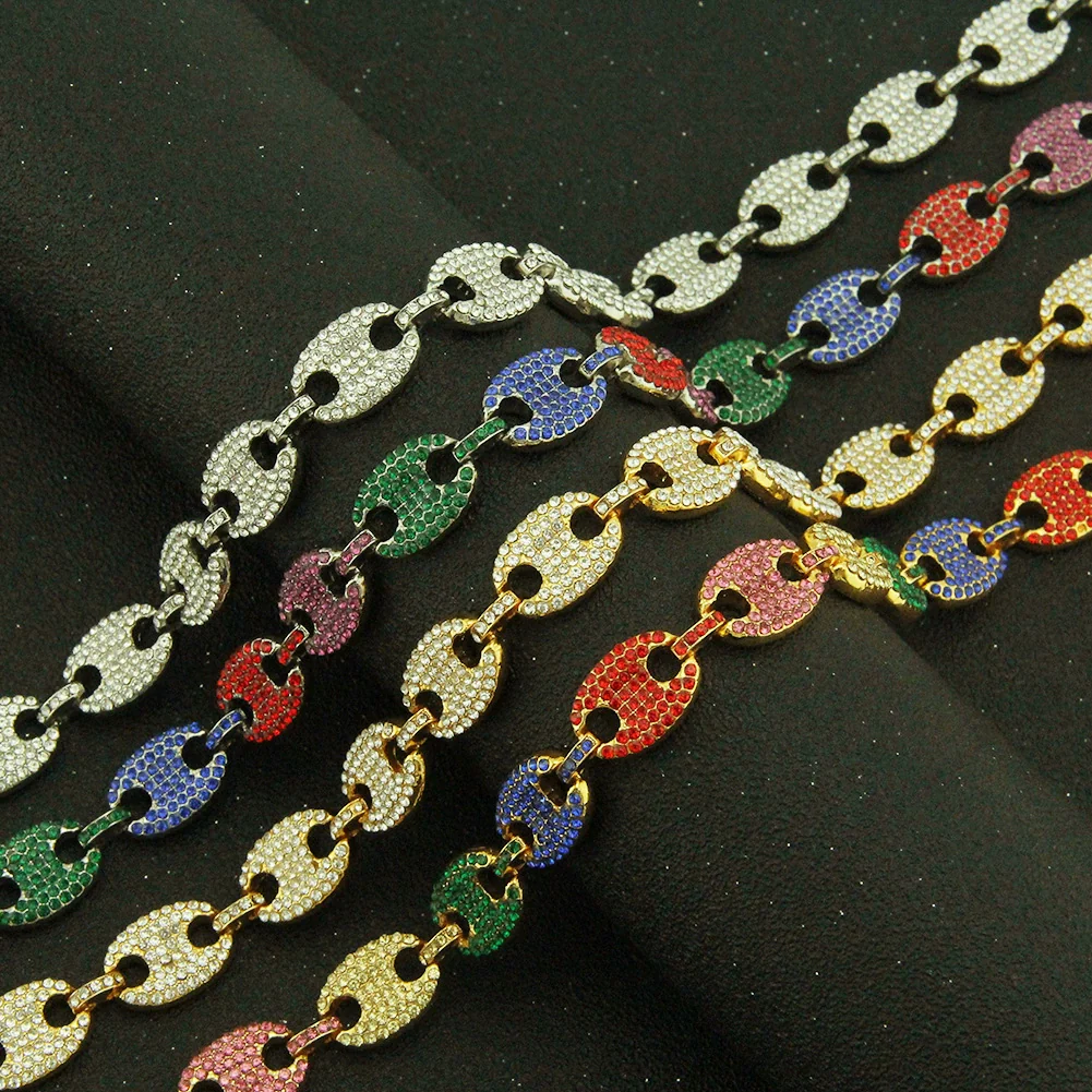 Wholesale Alloy Hiphop Style Geometric Pattern Pig Nose Buckle Coffee Bean Pendant Cuban Chain Necklace For Men With Full Color Diamond - Image 2