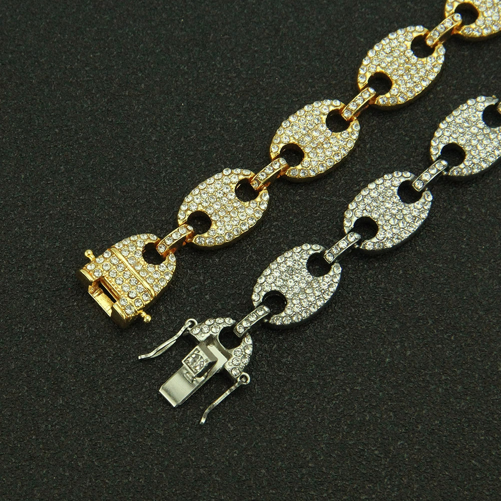 Wholesale Alloy Hiphop Style Geometric Pattern Pig Nose Buckle Coffee Bean Pendant Cuban Chain Necklace For Men With Full Color Diamond - Image 3
