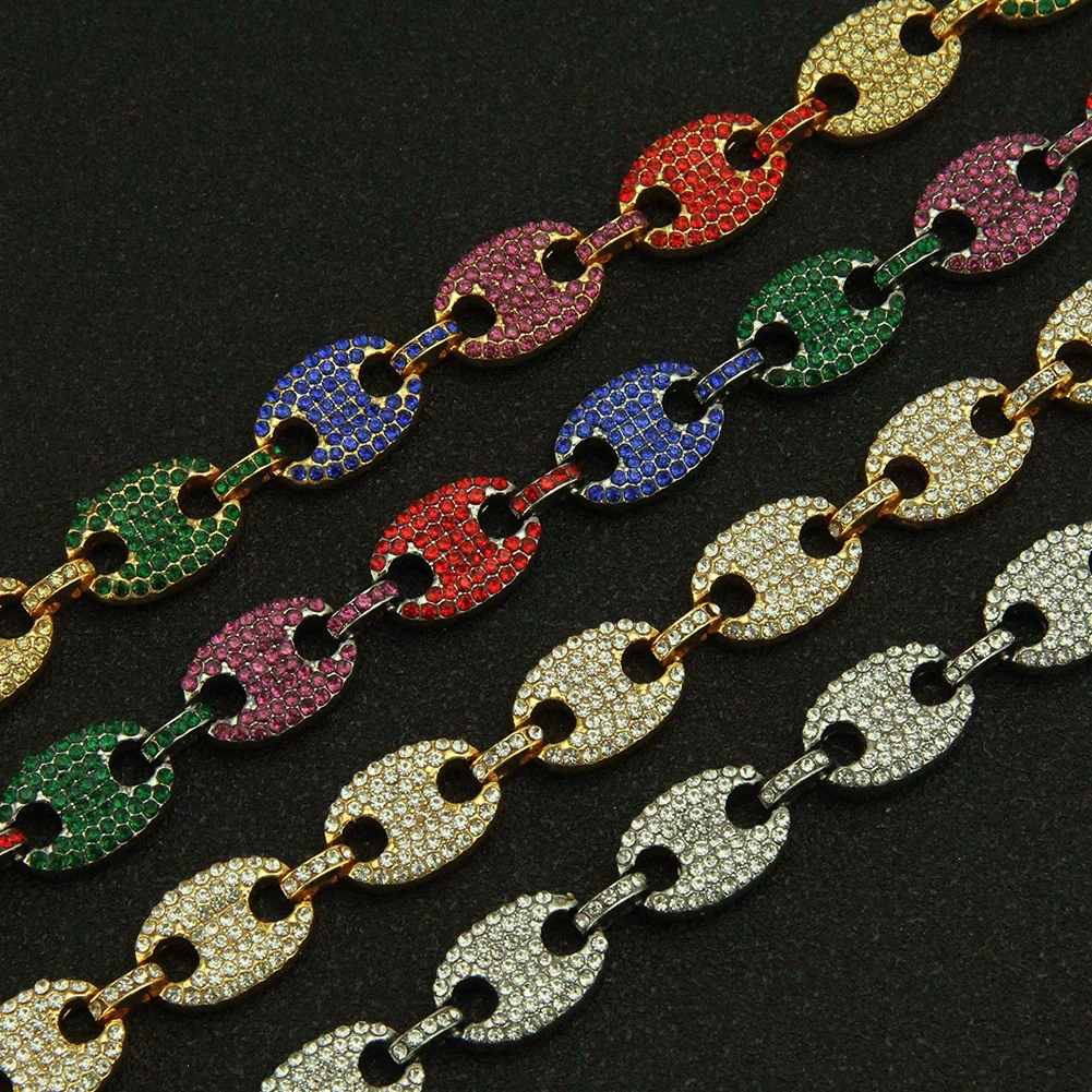 Wholesale Alloy Hiphop Style Geometric Pattern Pig Nose Buckle Coffee Bean Pendant Cuban Chain Necklace For Men With Full Color Diamond - Image 4