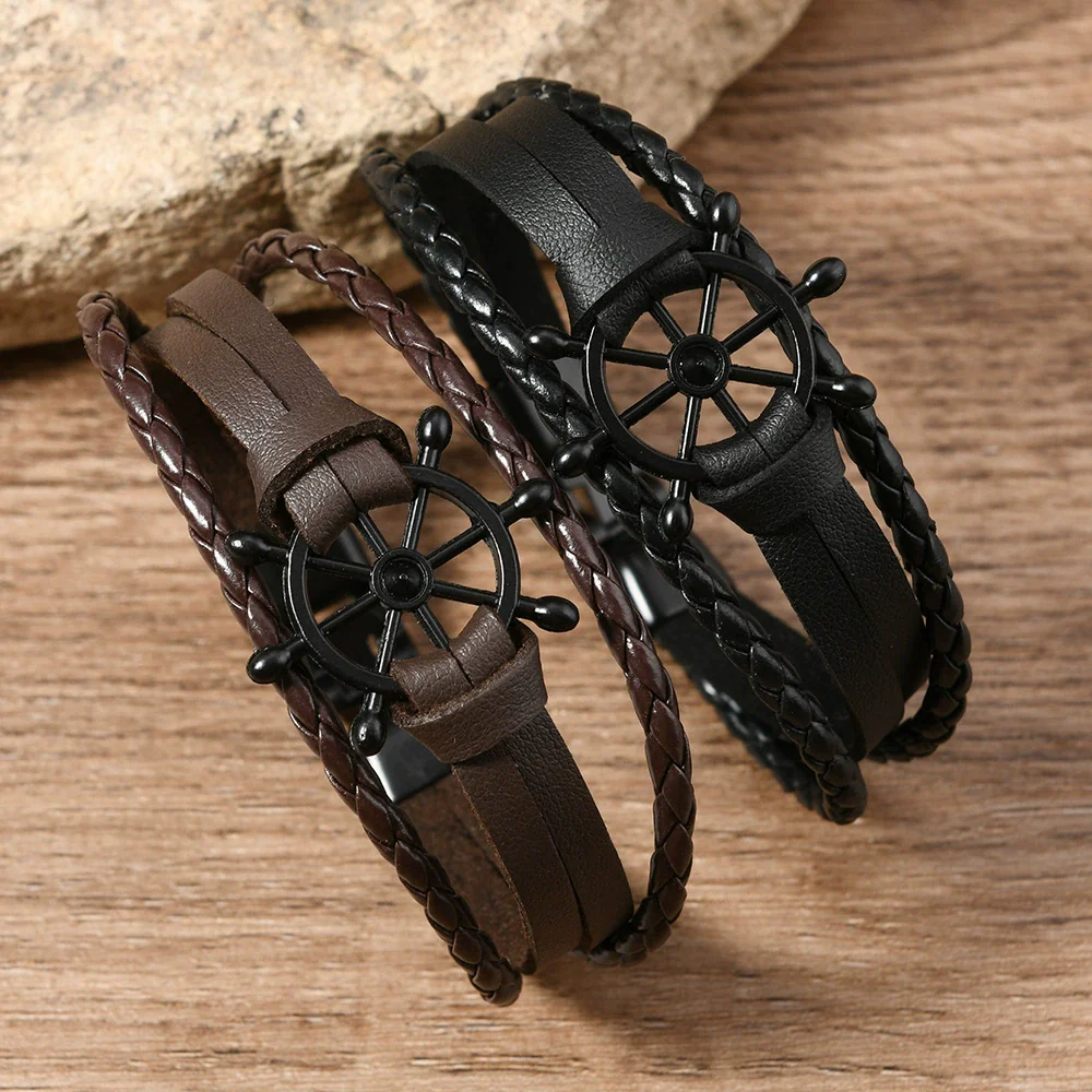 Wholesale Alloy Leather Buckle Handwoven Bracelets Retro Style Rudder Shape For Men And Women