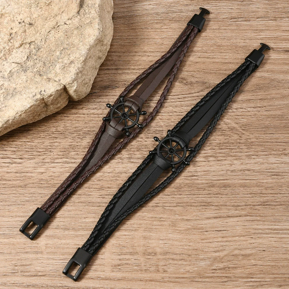 Wholesale Alloy Leather Buckle Handwoven Bracelets Retro Style Rudder Shape For Men And Women - Image 2