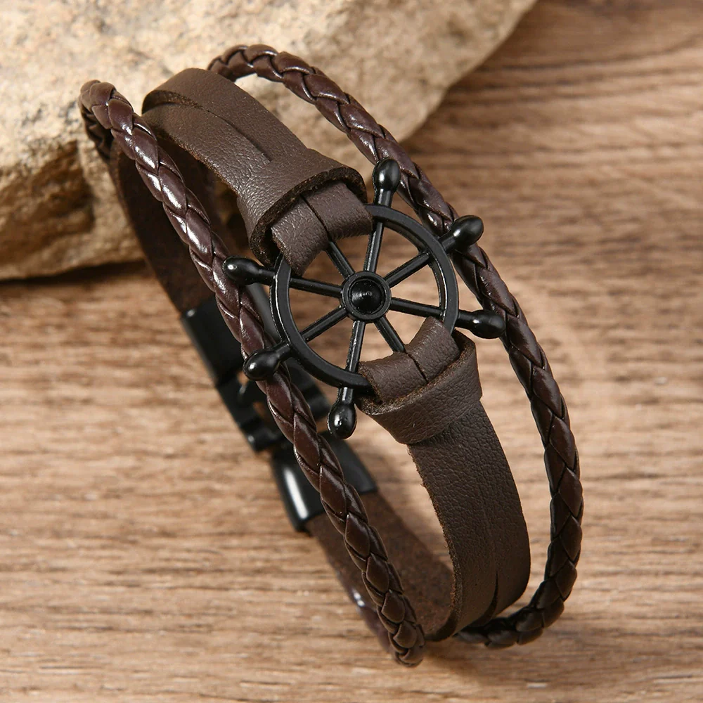Wholesale Alloy Leather Buckle Handwoven Bracelets Retro Style Rudder Shape For Men And Women - Image 3