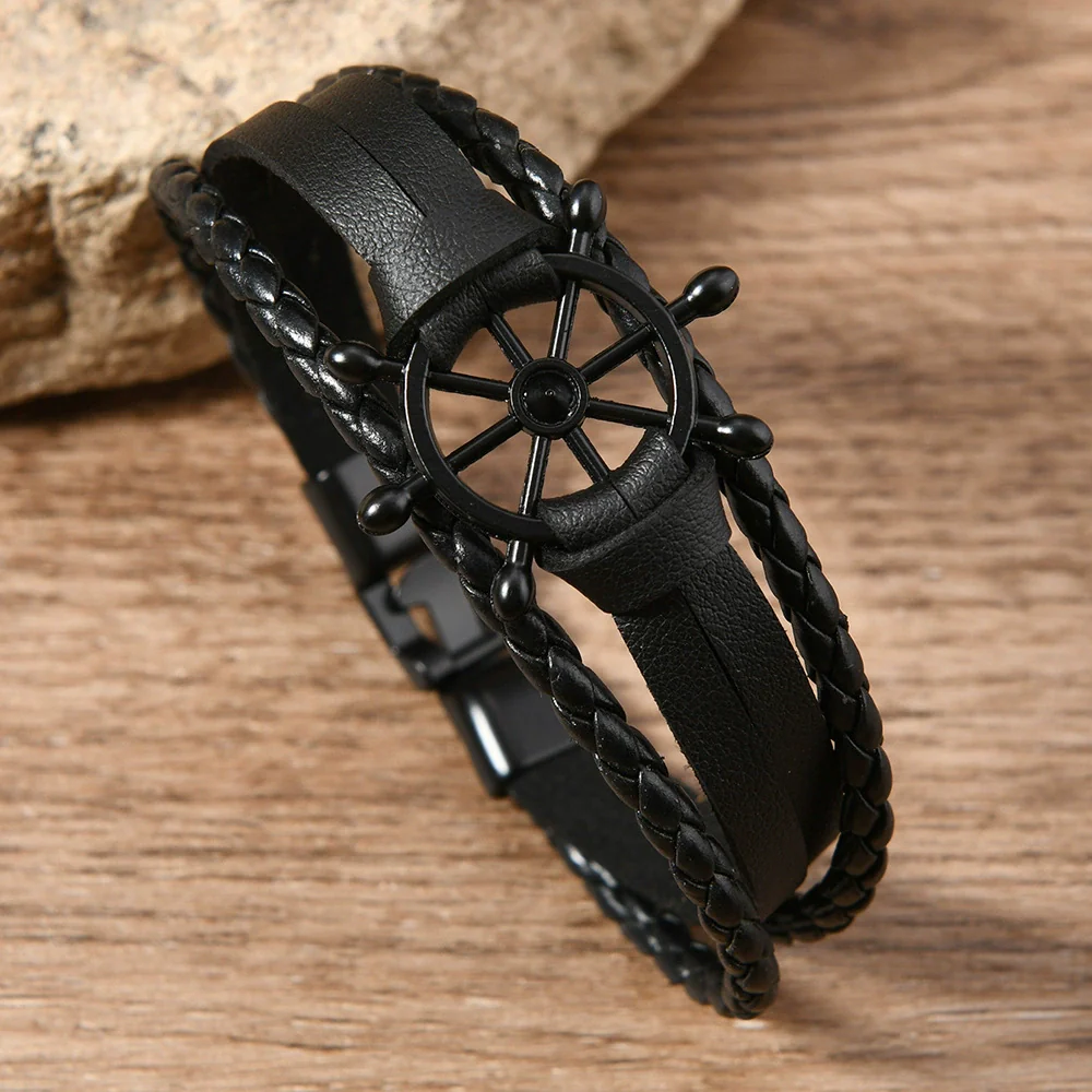 Wholesale Alloy Leather Buckle Handwoven Bracelets Retro Style Rudder Shape For Men And Women - Image 4