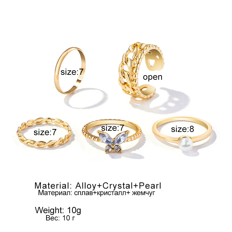 Wholesale Alloy Pearl Rhinestone Butterfly Twist Electroplated Ring Set For Women - Image 5