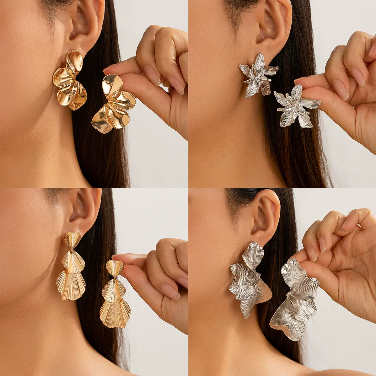Wholesale Alloy Personality Double Layer Five Petal Flower Leaves Tassel Electroplated Women's Earrings