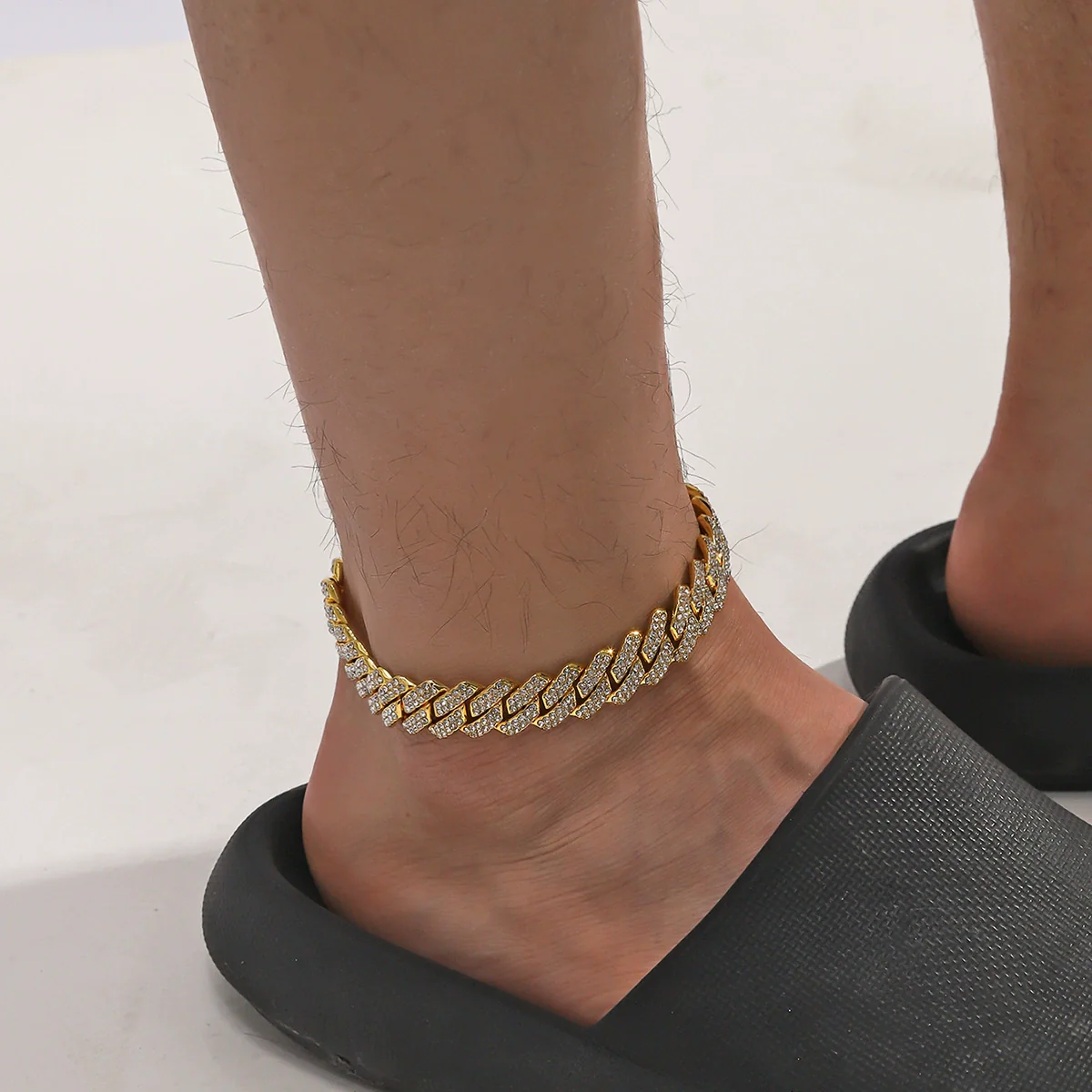 Wholesale Alloy Rhinestone Inlaid Geometric Cuban Chain Men's Hip Hop Anklet
