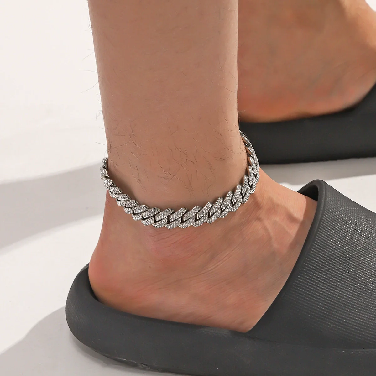 Wholesale Alloy Rhinestone Inlaid Geometric Cuban Chain Men's Hip Hop Anklet - Image 4