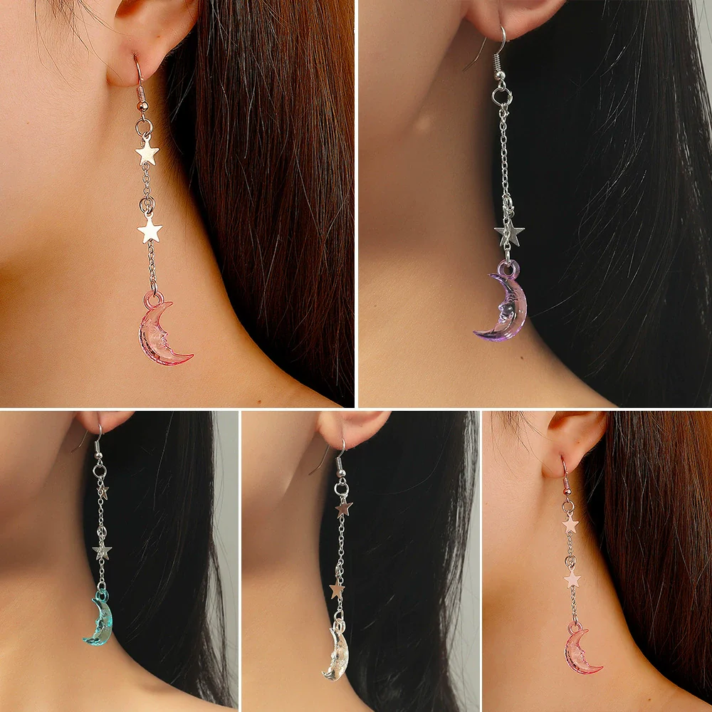 Wholesale Alloy Simple Moon And Star Women's Fashion Long Tassel Earrings With Electroplating