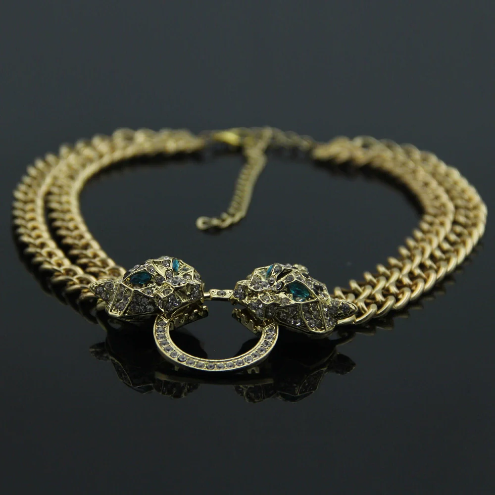 Wholesale Alloy Snake Bone Chain Necklace With Leopard Head Full Diamond Pendant Animal Zodiac Style - Image 3