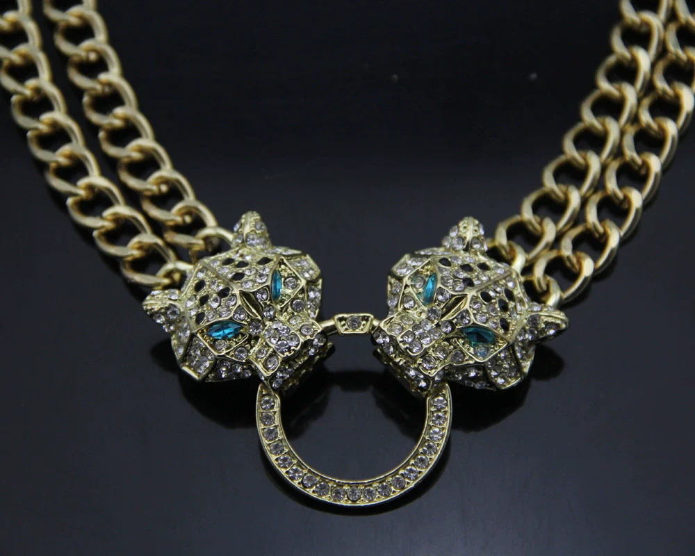 Wholesale Alloy Snake Bone Chain Necklace With Leopard Head Full Diamond Pendant Animal Zodiac Style - Image 5