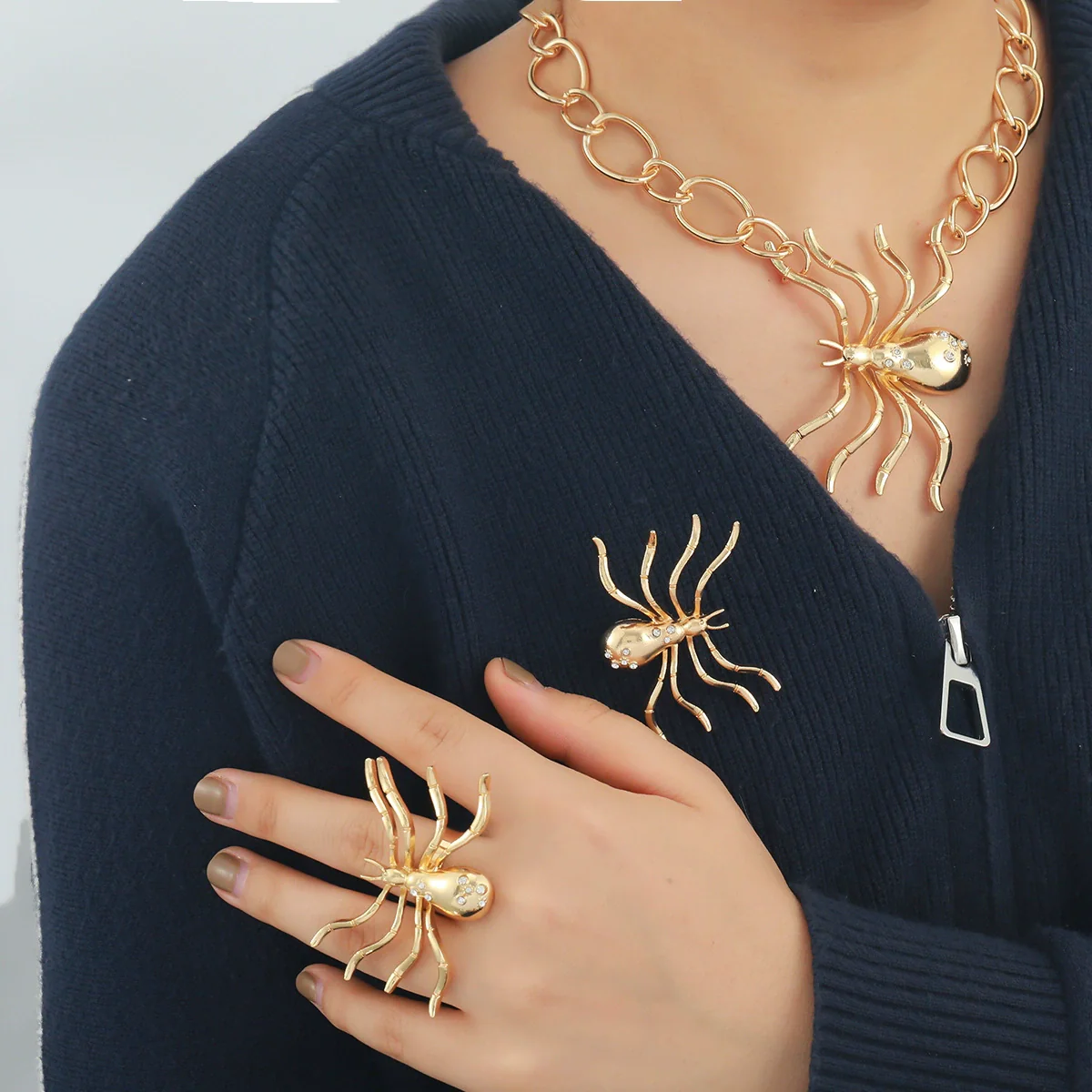 Wholesale Alloy Spider Pendant Jewelry Set With Electroplating For Women Necklace Ring Brooch Earrings - Image 2