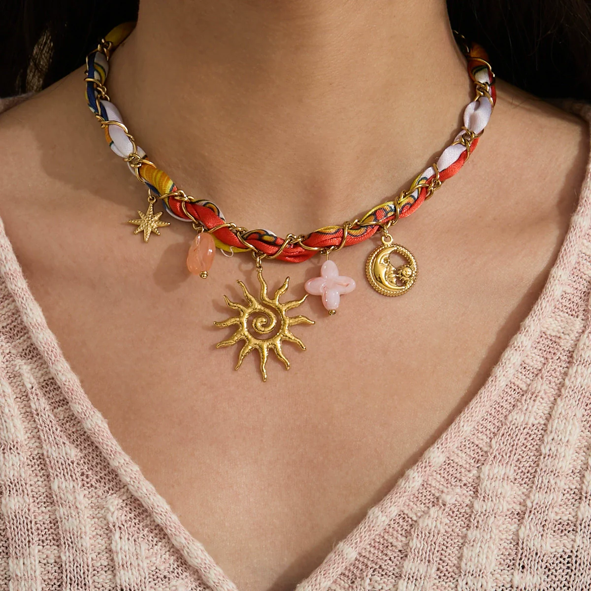 Wholesale Ancient Style Orange Printed Headscarf With Stainless Steel Electroplated Sun And Moon Pendant Jewelry For Women