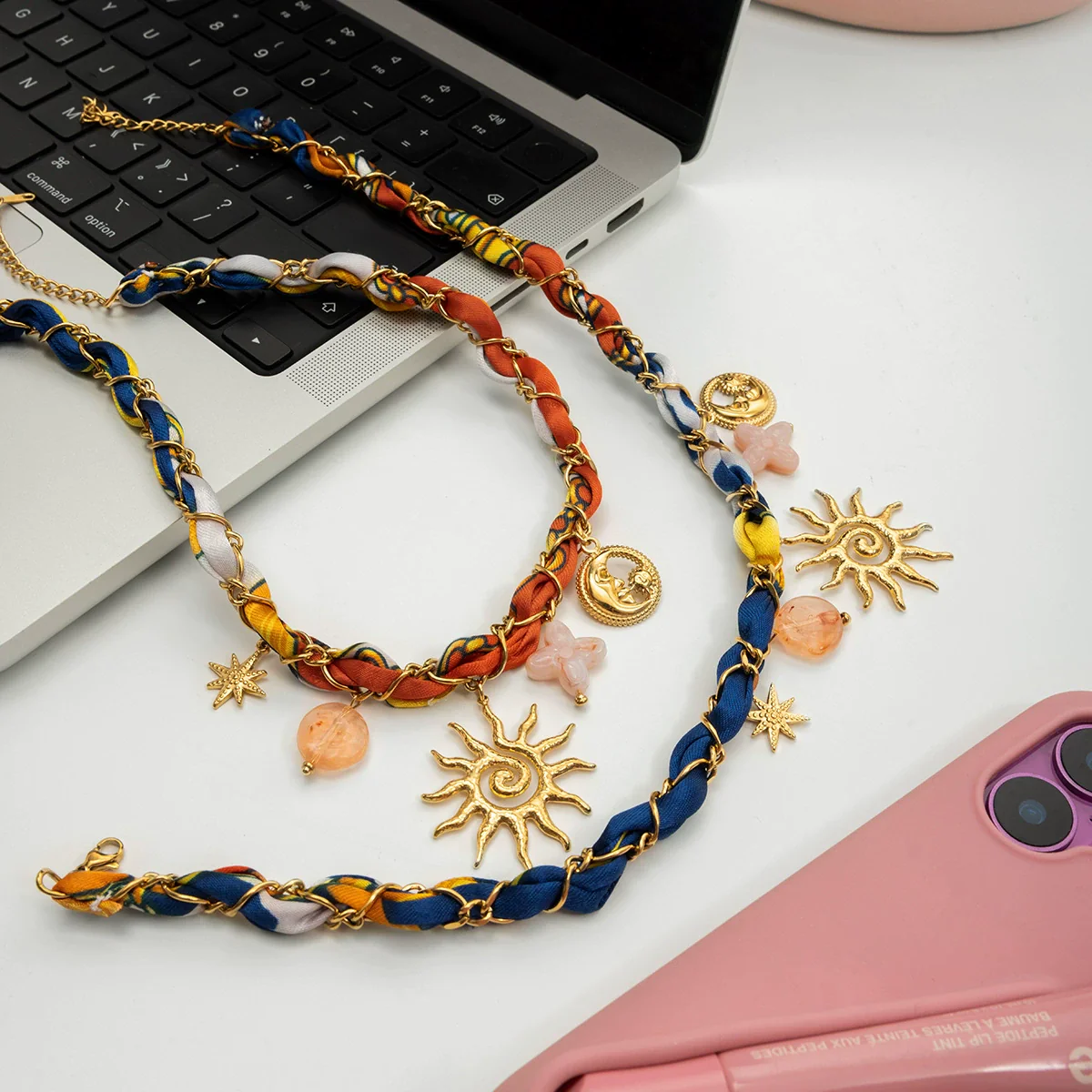 Wholesale Ancient Style Orange Printed Headscarf With Stainless Steel Electroplated Sun And Moon Pendant Jewelry For Women - Image 4