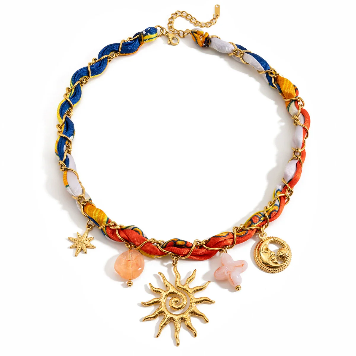 Wholesale Ancient Style Orange Printed Headscarf With Stainless Steel Electroplated Sun And Moon Pendant Jewelry For Women - Image 5