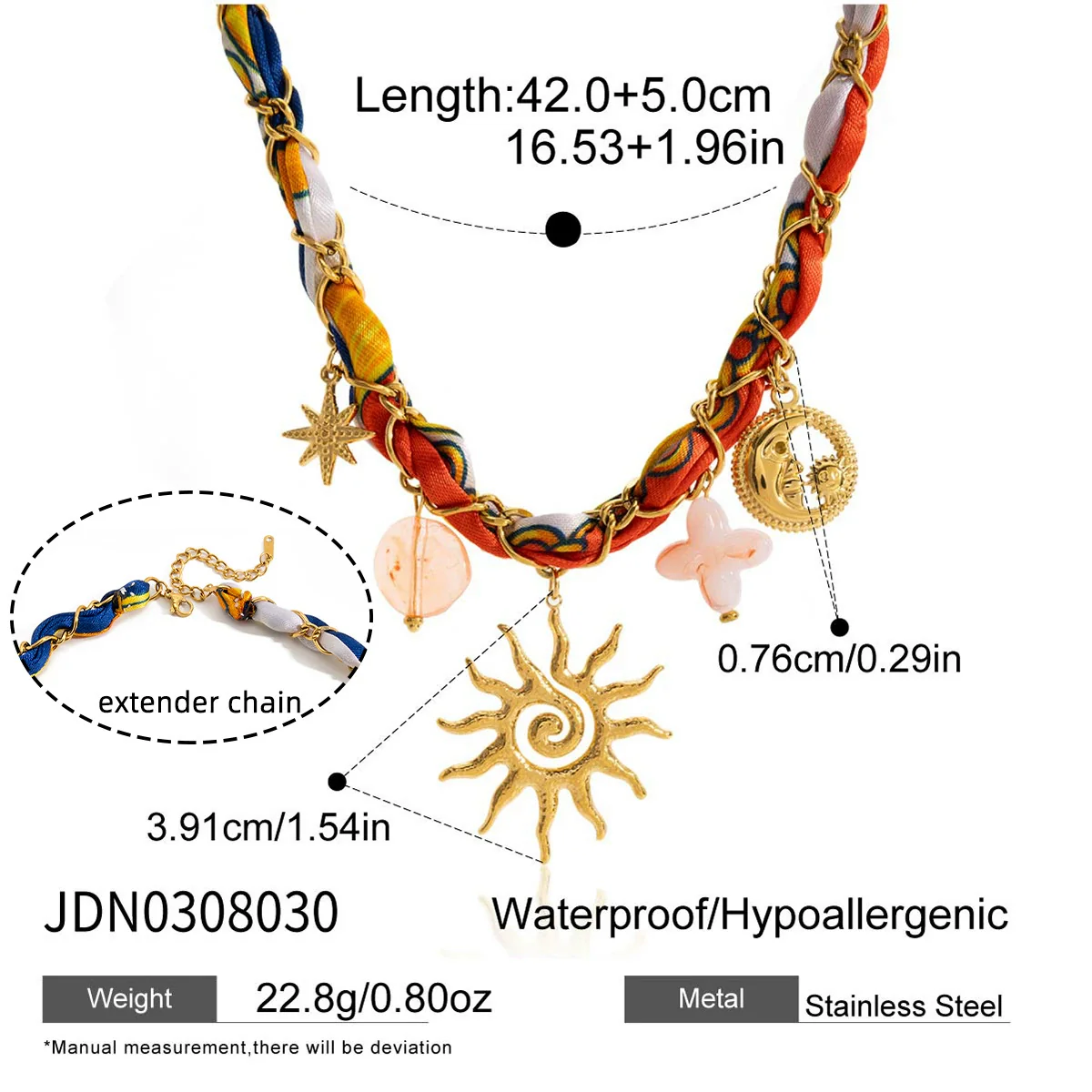 Wholesale Ancient Style Orange Printed Headscarf With Stainless Steel Electroplated Sun And Moon Pendant Jewelry For Women - Image 6