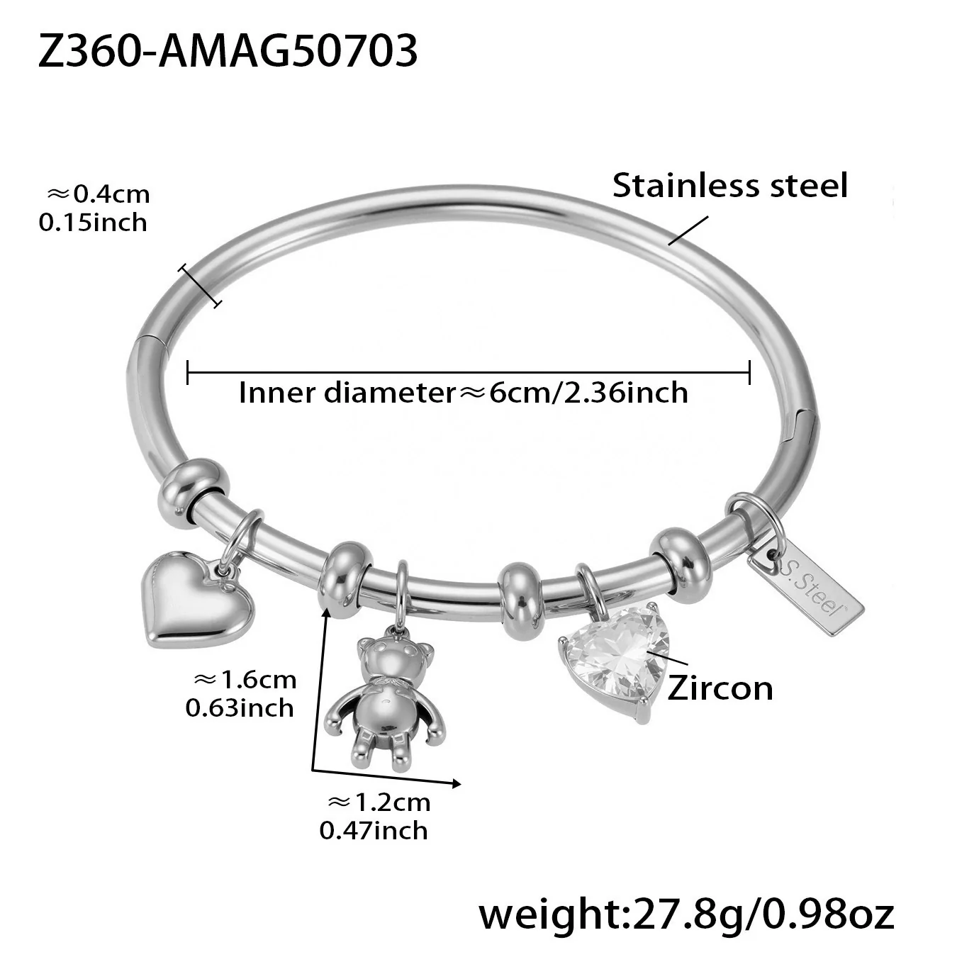 Wholesale Animal Series Heart Diamond Bear Pendant Stainless Steel Electroplated Bracelet For Women - Image 7
