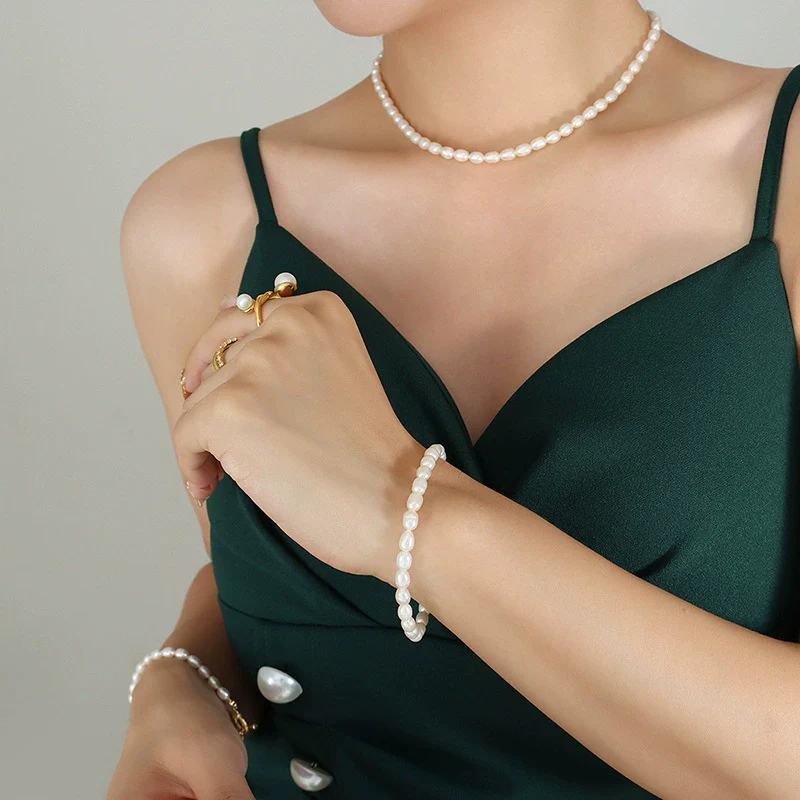Wholesale Baroque Style Titanium Steel Electroplated Freshwater Pearl Necklace And Bracelet Jewelry Set For Women - Image 3