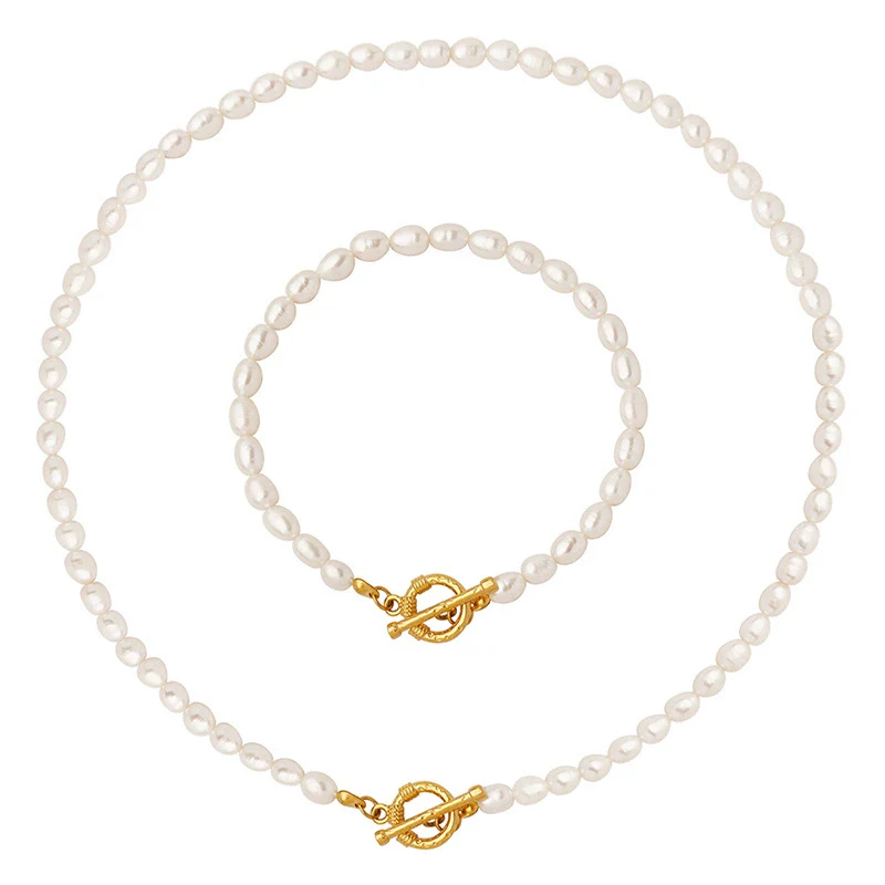 Wholesale Baroque Style Titanium Steel Electroplated Freshwater Pearl Necklace And Bracelet Jewelry Set For Women - Image 4