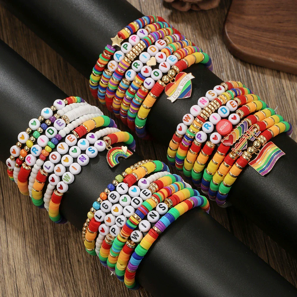 Wholesale Beaded Elastic Soft Ceramic Bracelet With Rainbow Love Pendant Geometric Handmade Polymer Clay Acrylic Glass Beads Unisex Boyfriend Style