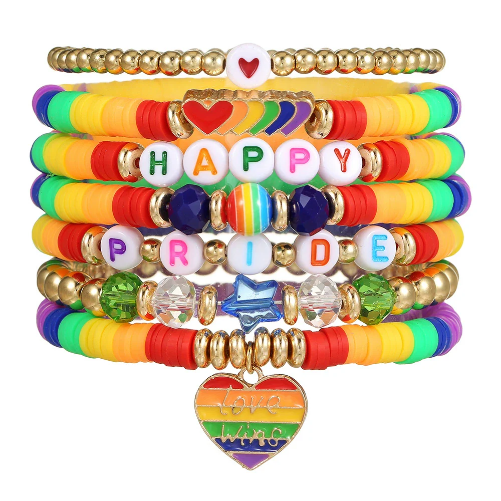 Wholesale Beaded Elastic Soft Ceramic Bracelet With Rainbow Love Pendant Geometric Handmade Polymer Clay Acrylic Glass Beads Unisex Boyfriend Style - Image 10