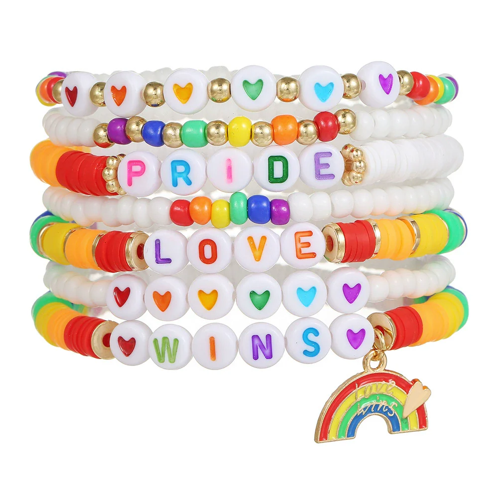Wholesale Beaded Elastic Soft Ceramic Bracelet With Rainbow Love Pendant Geometric Handmade Polymer Clay Acrylic Glass Beads Unisex Boyfriend Style - Image 6