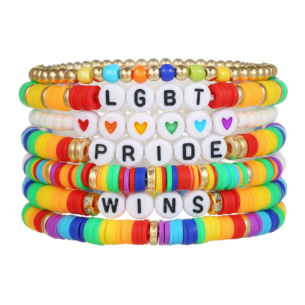 Wholesale Beaded Elastic Soft Ceramic Bracelet With Rainbow Love Pendant Geometric Handmade Polymer Clay Acrylic Glass Beads Unisex Boyfriend Style - Image 8