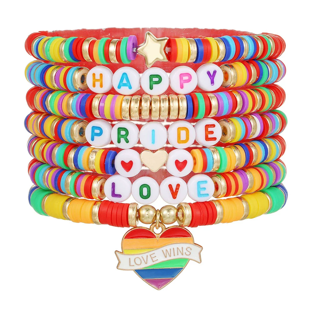 Wholesale Beaded Elastic Soft Ceramic Bracelet With Rainbow Love Pendant Geometric Handmade Polymer Clay Acrylic Glass Beads Unisex Boyfriend Style - Image 9