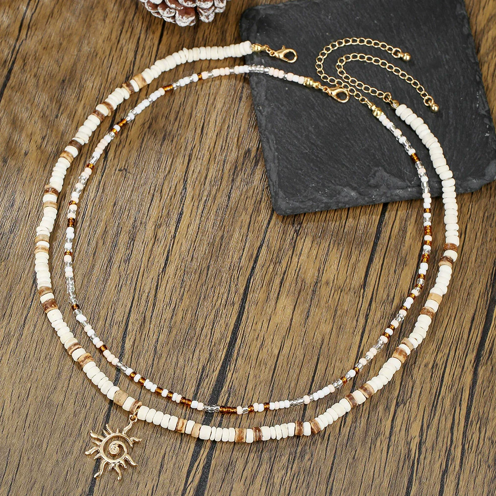 Wholesale Beaded Necklace Coconut Shell Rice Beads Alloy Handmade Geometric Style Men's Hiphop Niche Sun Pendant Doublelayer Clavicle Chain